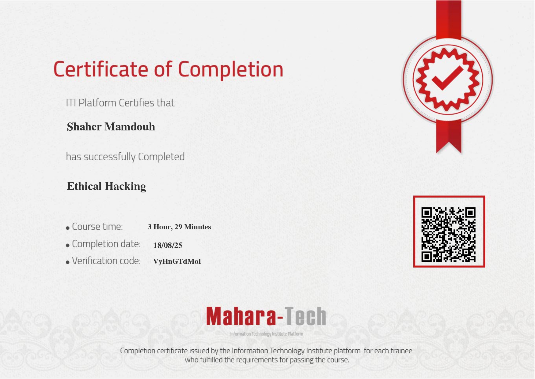 Ethical Hacking certificate